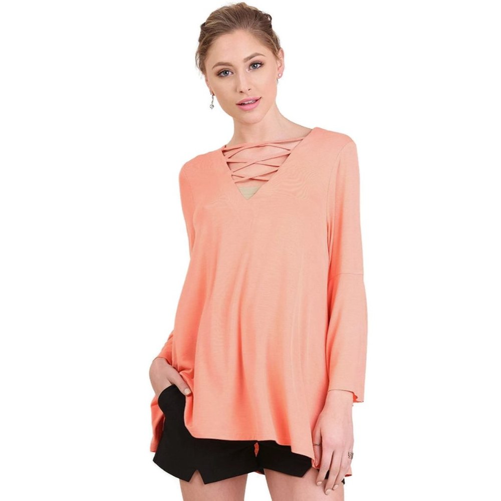 Umgee Crossed Neck Bell Sleeve Tunic, Coral - Picture 1 of 3